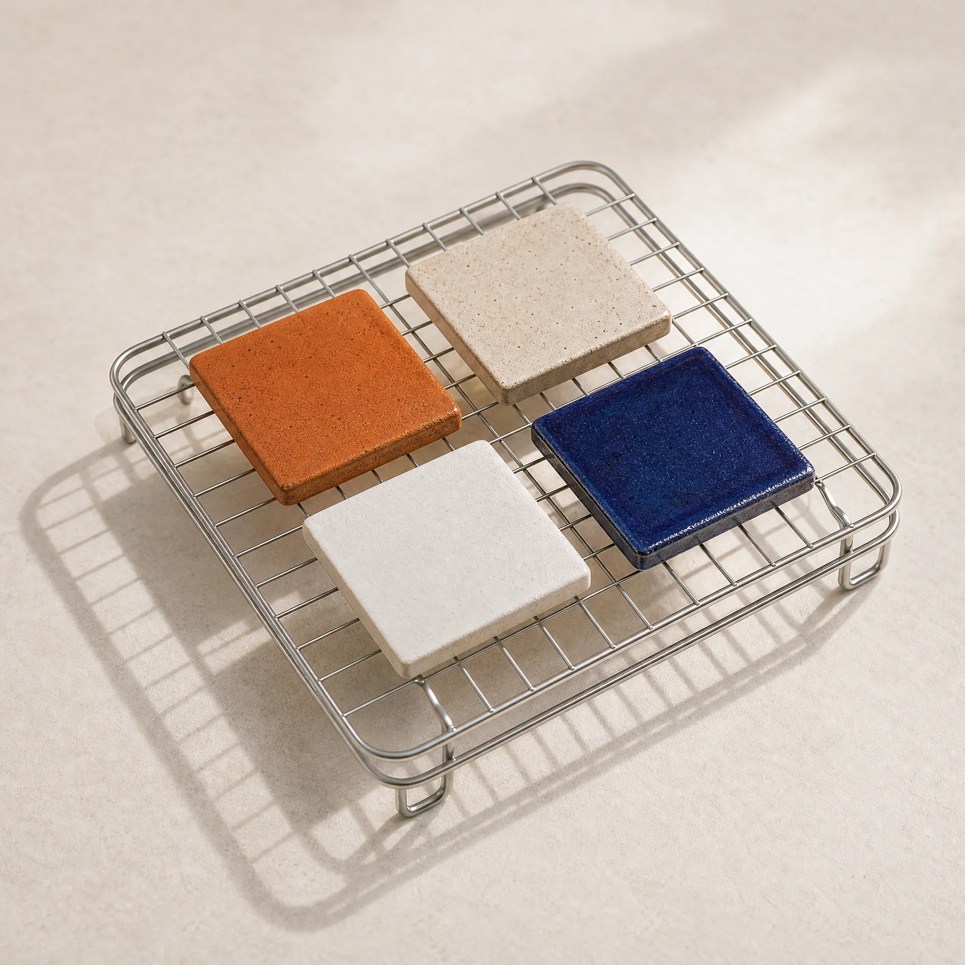 Ceramic evidence tiles resting on a cooling rack