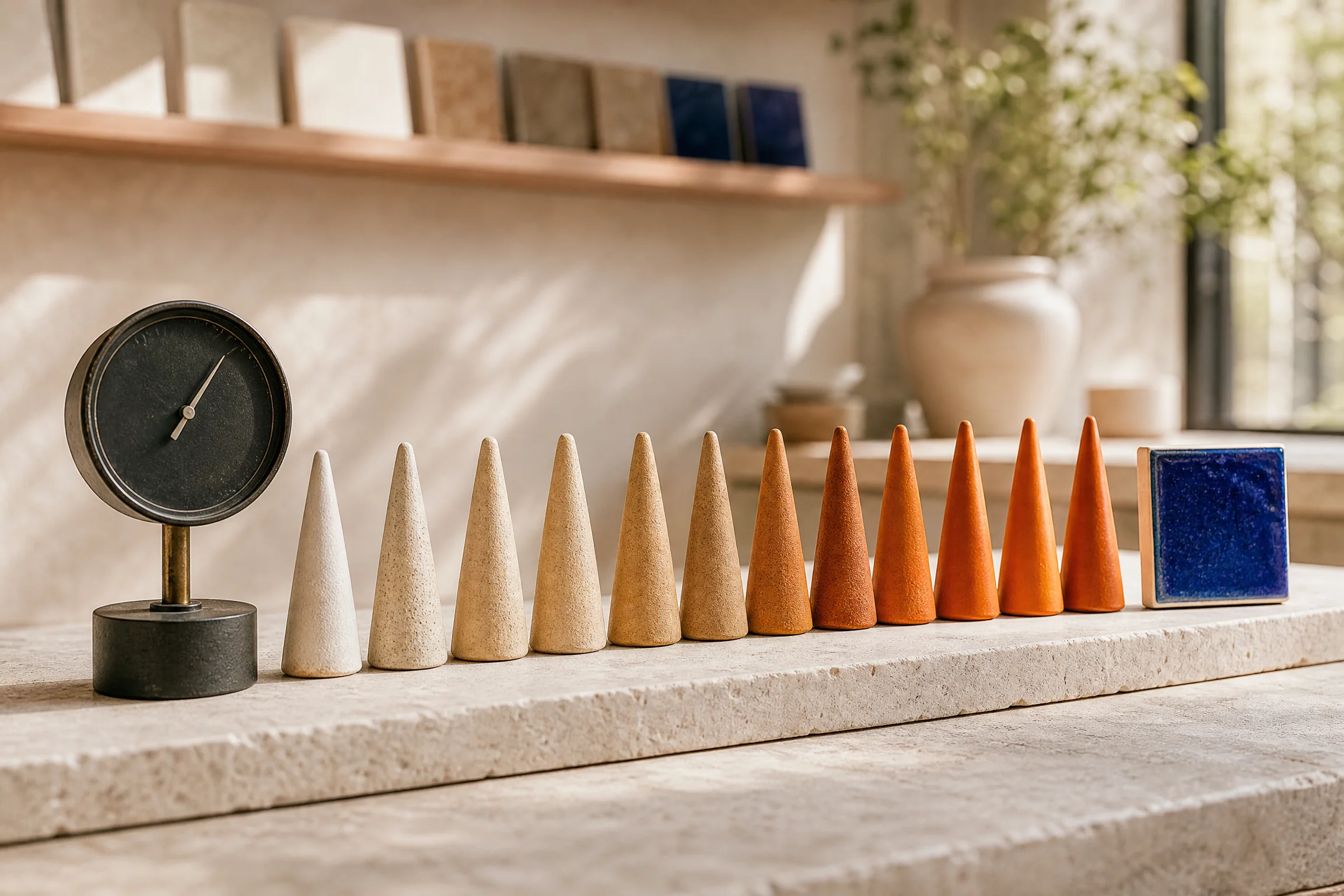 Kiln cones arranged beside an analog test gauge