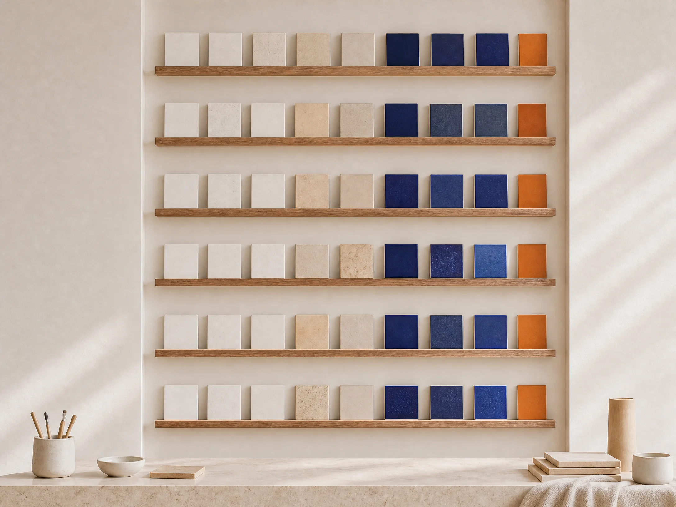 Wall of ceramic evidence tiles in multiple glaze states