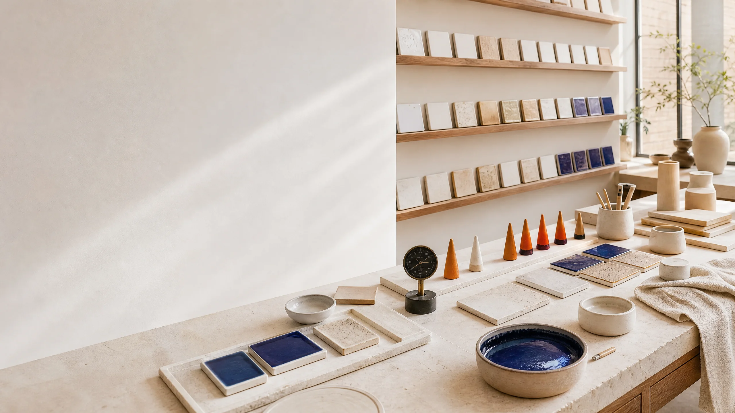 Bright ceramic analytics studio with measurement cones and glaze samples